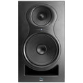 Front view of a black Kali Audio studio monitor with two speaker drivers and a bass port.