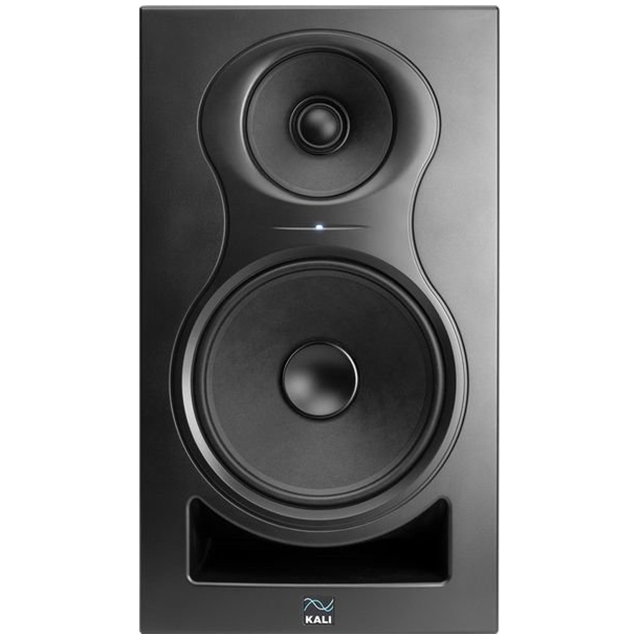 Front view of a black Kali Audio studio monitor with two speaker drivers and a bass port.