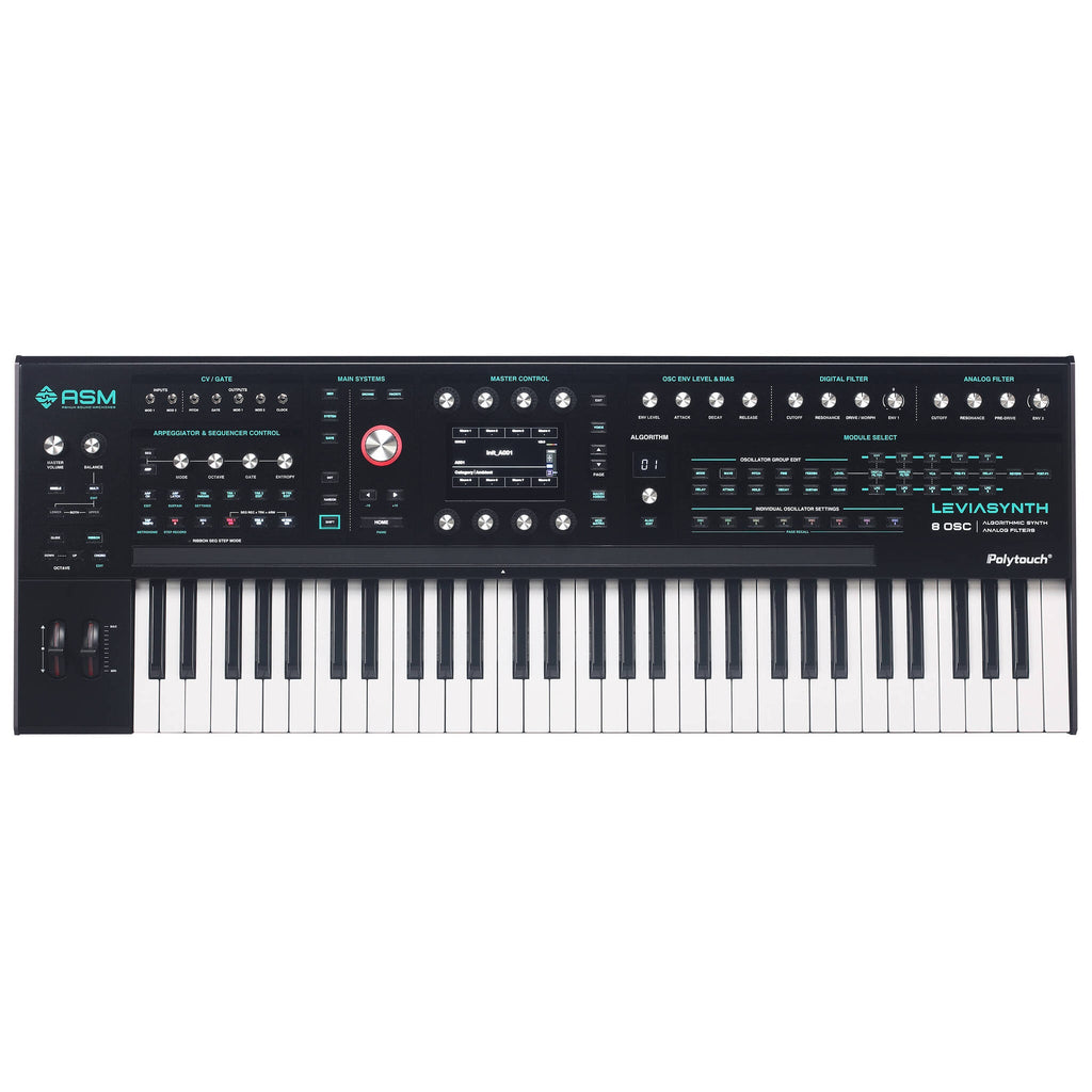 Black and white hybrid algorithmic synthesizer keyboard with knobs, buttons, screen, and keyboard keys.