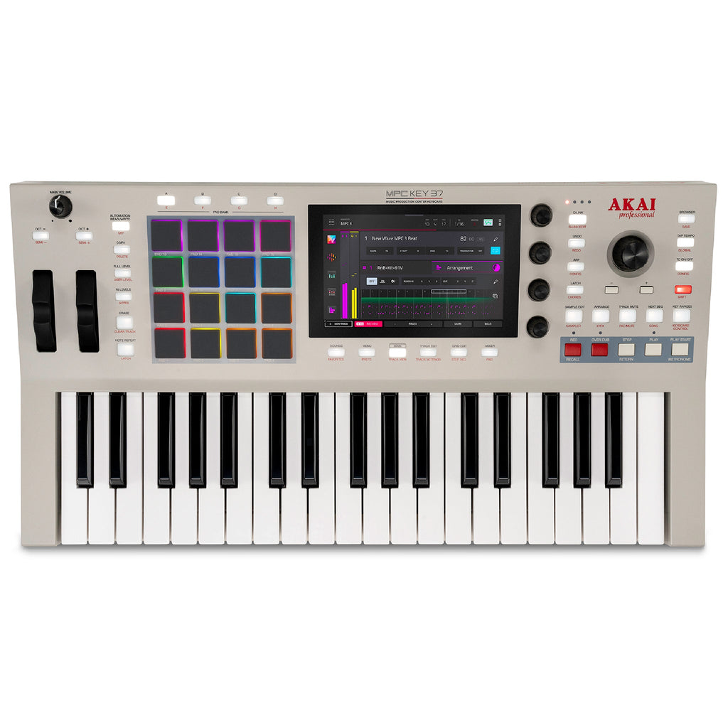 White music production keyboard with 37 keys, multiple pads, knobs, wheels, and a touch screen display.