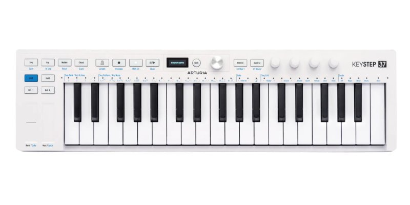 White and black 37-key MIDI controller keyboard with knobs, buttons, and small display by Arturia.