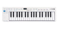 White and black 37-key MIDI controller keyboard with knobs, buttons, and small display by Arturia.