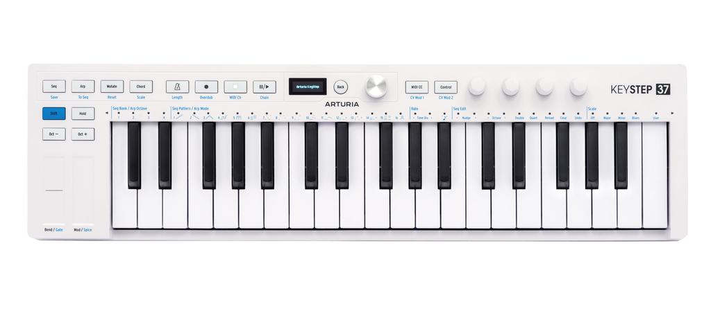 White MIDI keyboard controller with 37 keys, multiple buttons, knobs, and a small digital display.