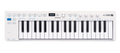 White MIDI keyboard controller with 37 keys, multiple buttons, knobs, and a small digital display.