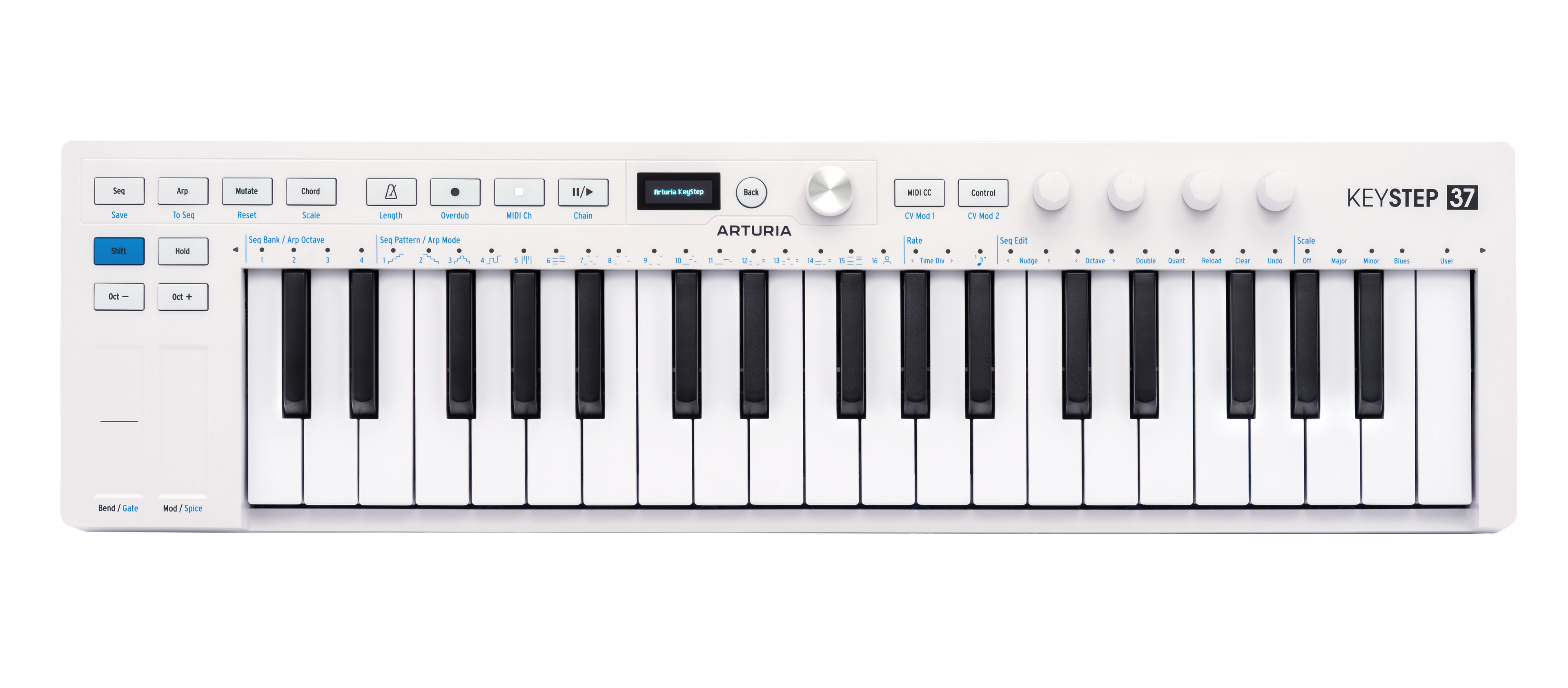 White MIDI keyboard controller with 37 keys, multiple buttons, knobs, and a small digital display.