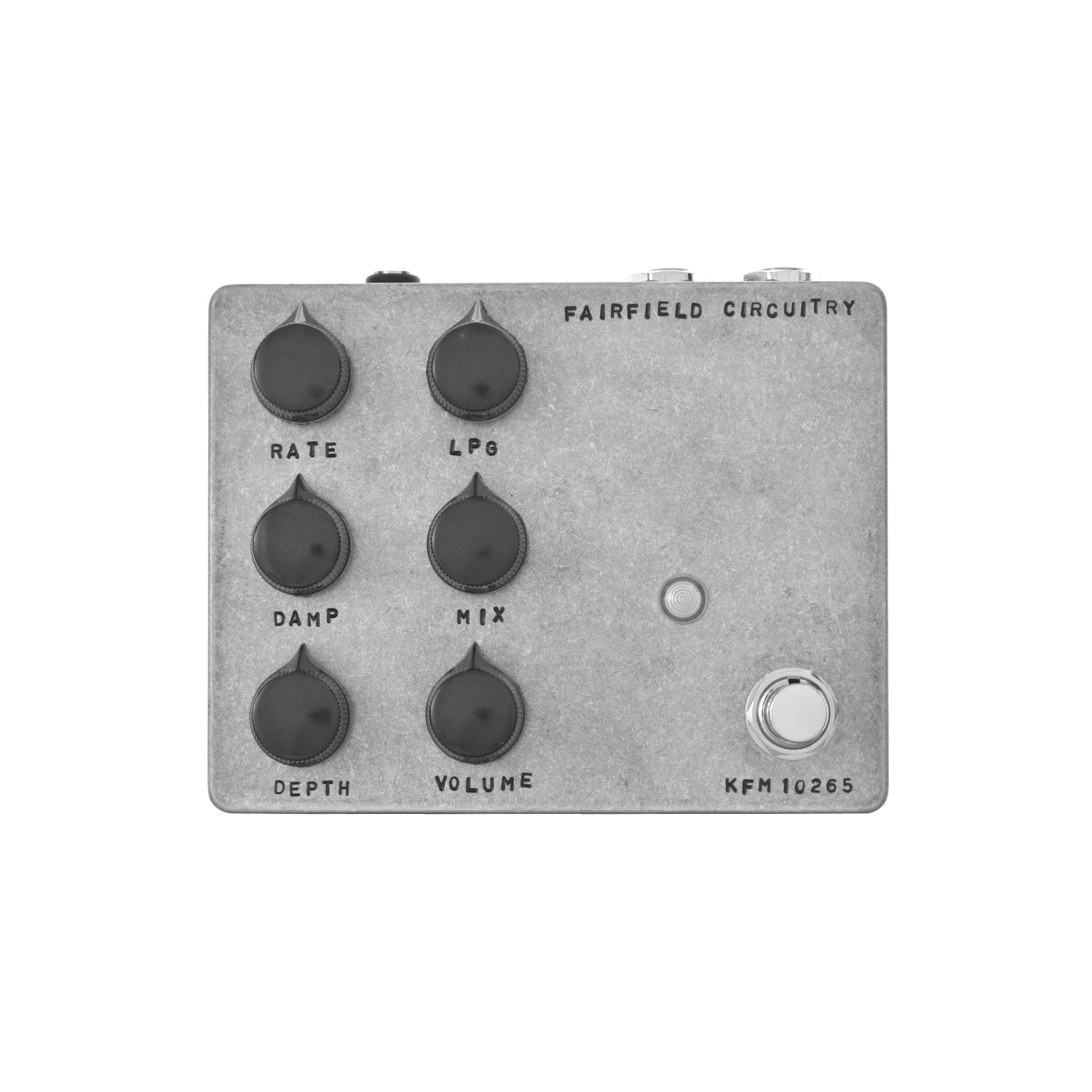 Gray metal guitar effects pedal with six control knobs, one footswitch, and two 1/4 inch audio jacks.