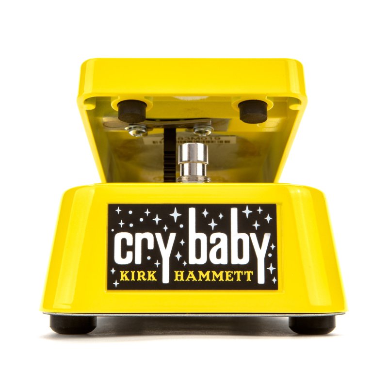 Yellow Dunlop Cry Baby wah pedal with Kirk Hammett signature on the front plate, pedal raised.