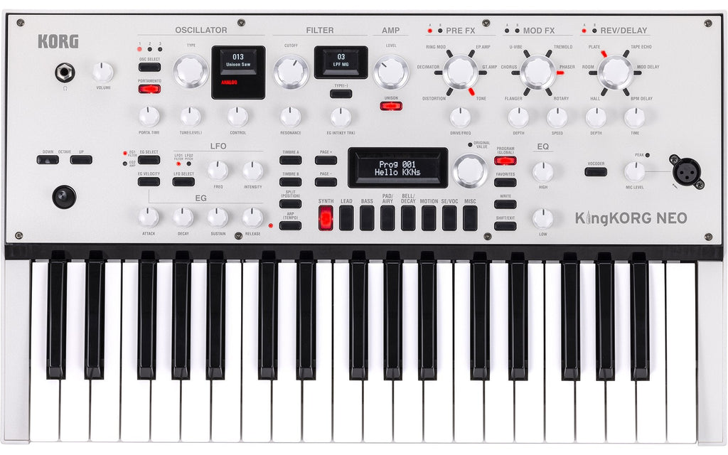 Top view of white Korg KingKORG NEO synthesizer with 37 keys and multiple control knobs and buttons.