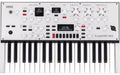 Top view of white Korg KingKORG NEO synthesizer with 37 keys and multiple control knobs and buttons.