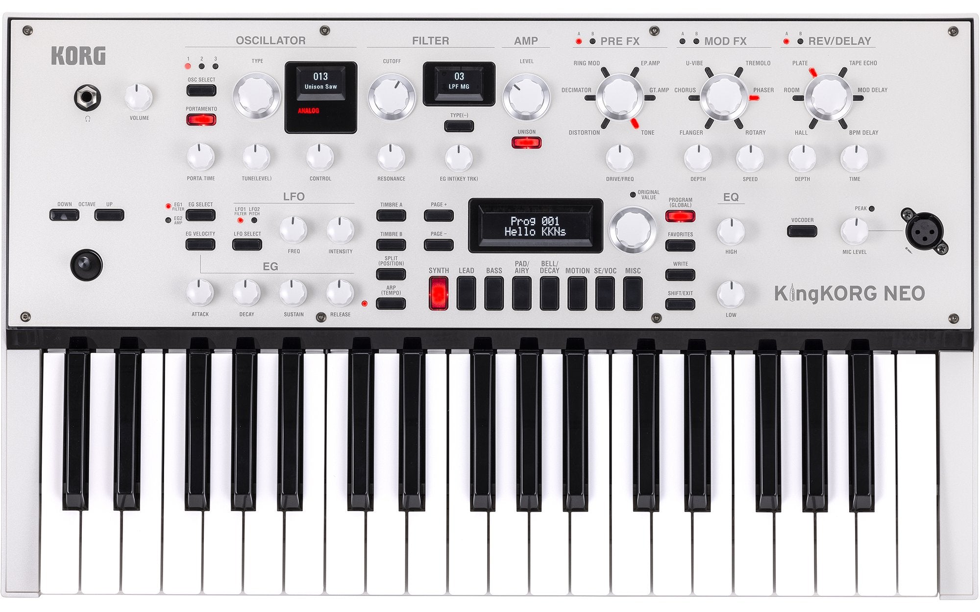 Top view of white Korg KingKORG NEO synthesizer with 37 keys and multiple control knobs and buttons.