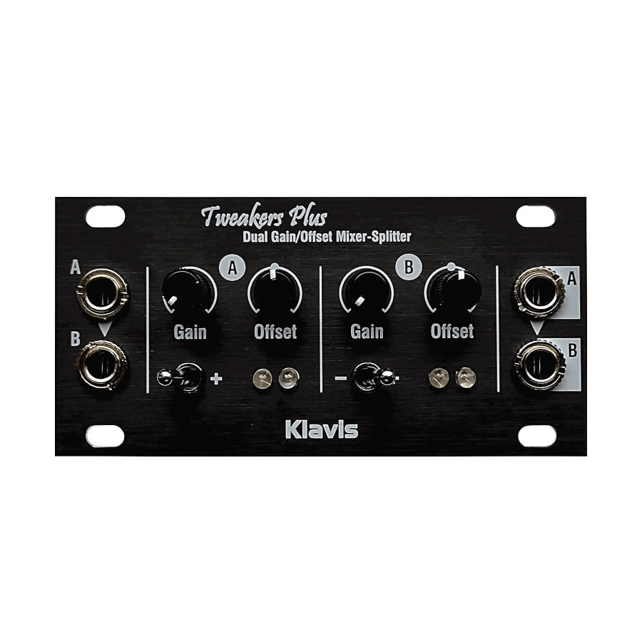 Black eurorack module with knobs, switches, and 3.5mm jacks labeled for gain, offset, and inputs A and B.