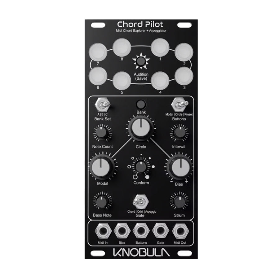 Black eurorack module front panel with knobs, toggle switches, buttons, and multiple jacks labeled for MIDI and control functions.