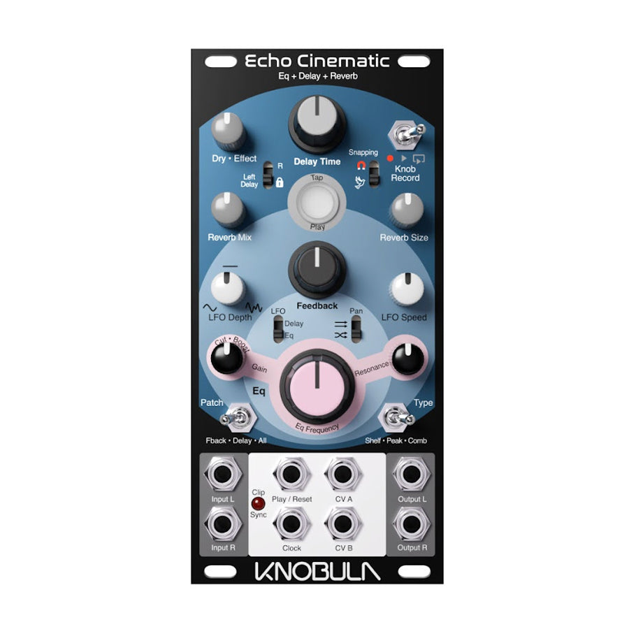 Black eurorack module with knobs, toggle switch, button, and multiple jacks labeled for audio and control.