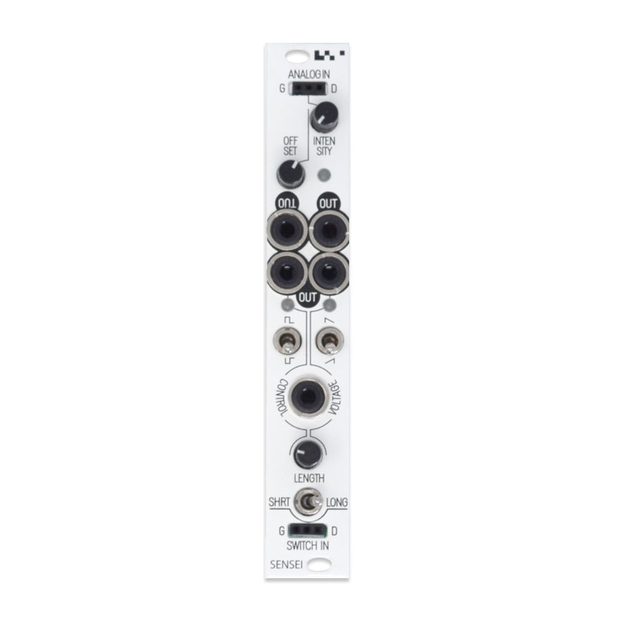 White modular synthesizer control module with knobs, toggle switches, DIP switches, and multiple 3.5mm audio jacks.
