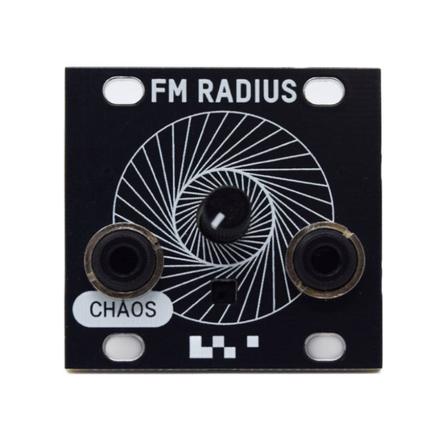 Black panel with two 3.5mm jacks, a central knob, and spiral graphic labeled FM RADIUS and CHAOS.