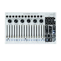 Top view of a white music sequencer module with knobs, sliders, buttons, and multiple 3.5mm audio connectors.