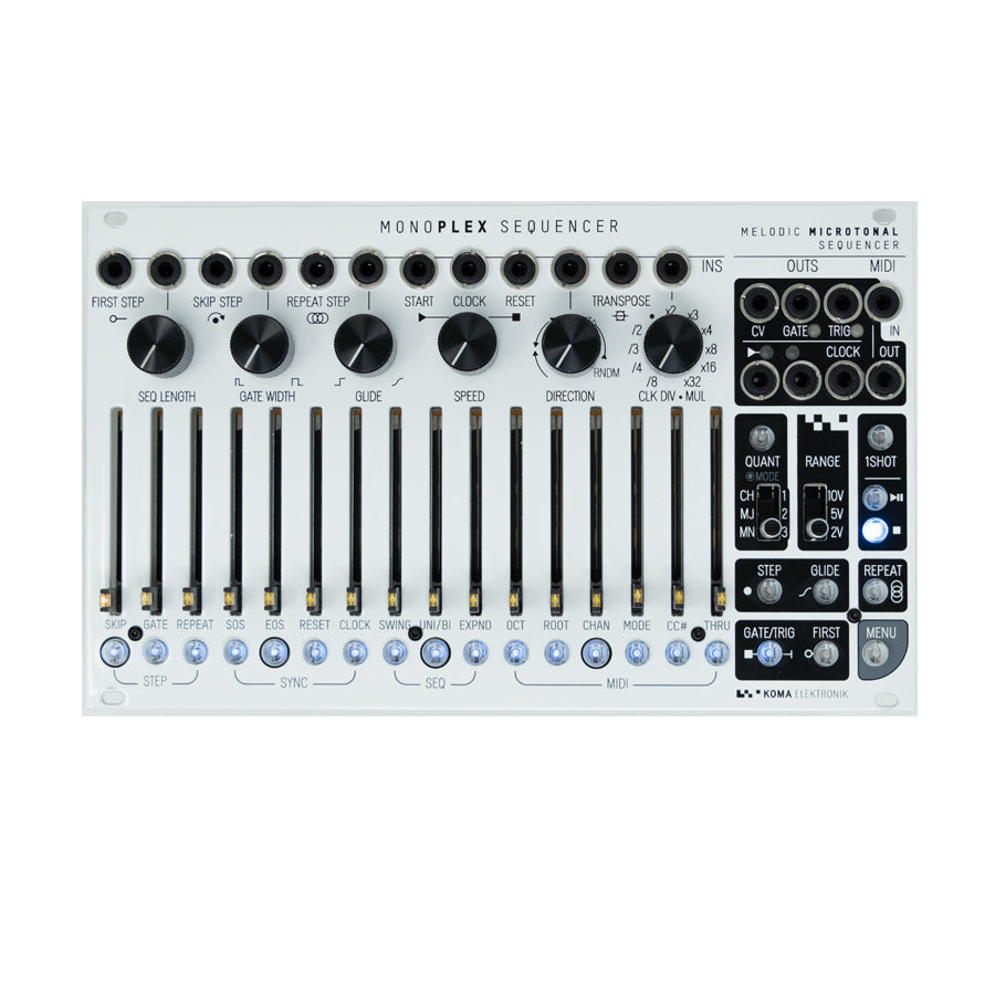 Top view of a white music sequencer module with knobs, sliders, buttons, and multiple 3.5mm audio connectors.