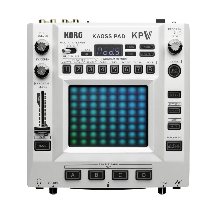 Top view of a white Korg Kaoss Pad KP V music sampler with illuminated grid pad and various knobs and buttons.