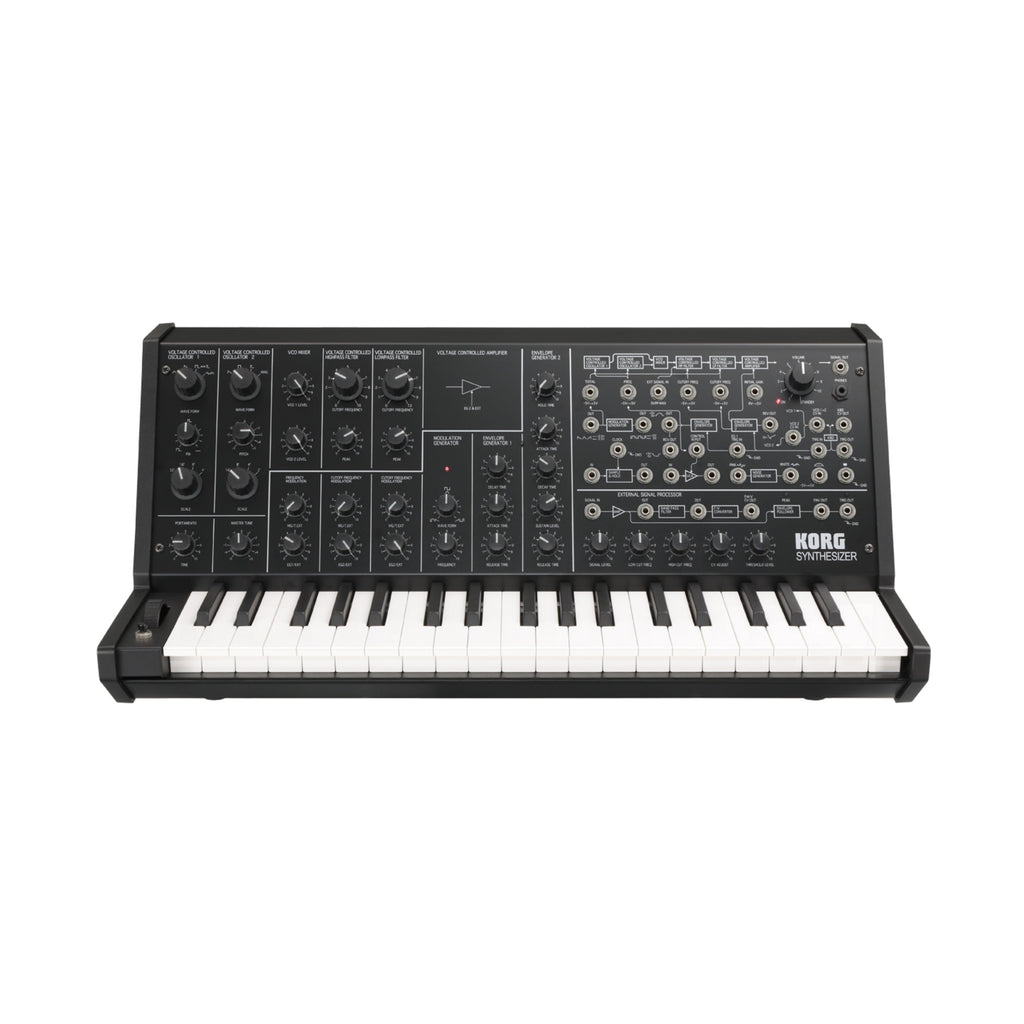 Black analog synthesizer with keyboard, multiple knobs, switches, and patch points on its control panel.