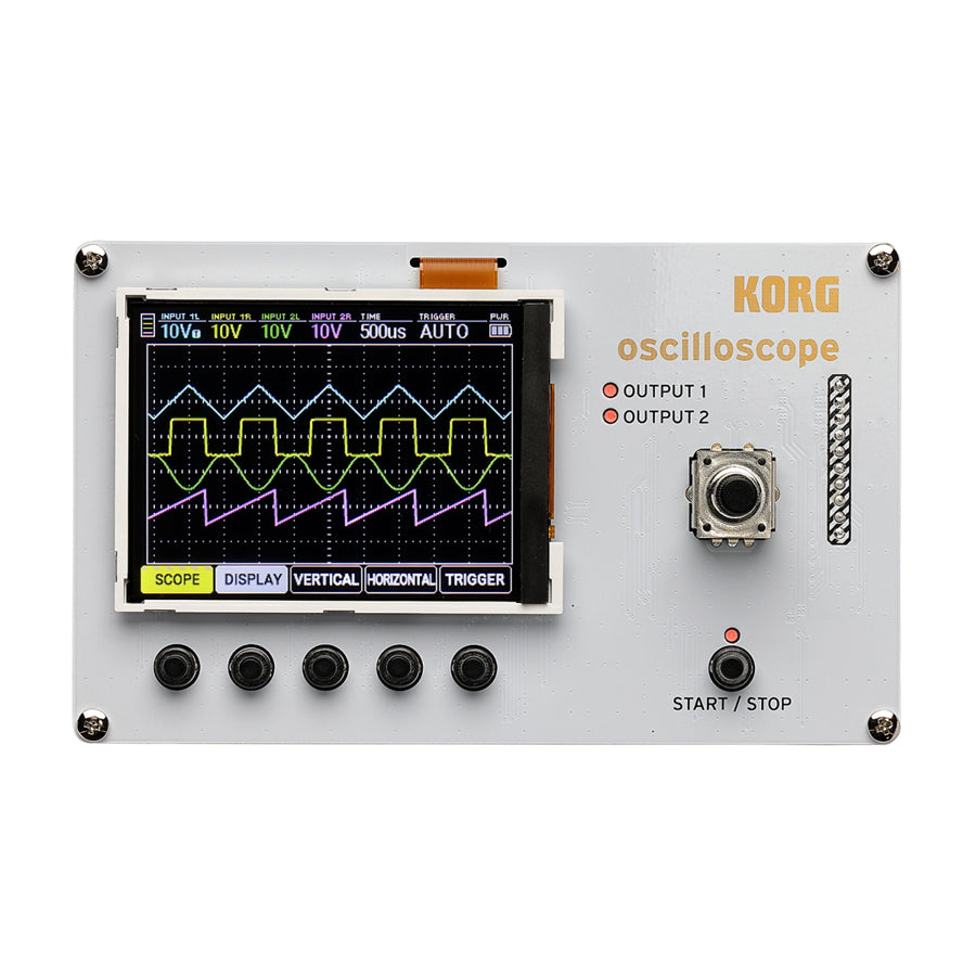Korg oscilloscope module with color waveform display, multiple input jacks, a rotary knob, and start/stop button.