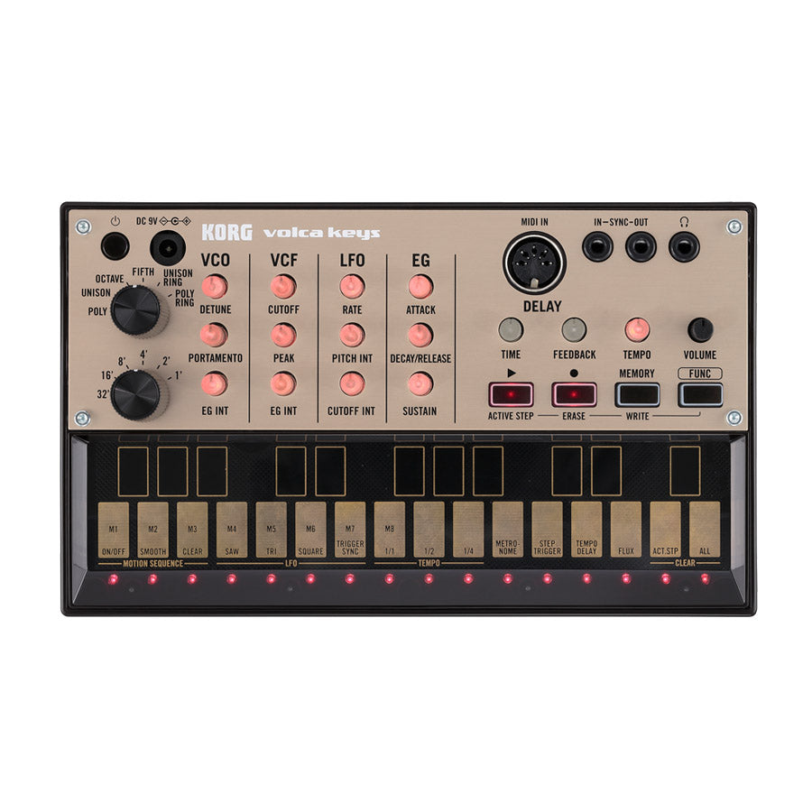 Top view of Korg volca keys synthesizer with knobs, buttons, touch keys, and various input/output ports.
