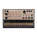 Top view of Korg volca keys synthesizer with knobs, buttons, touch keys, and various input/output ports.