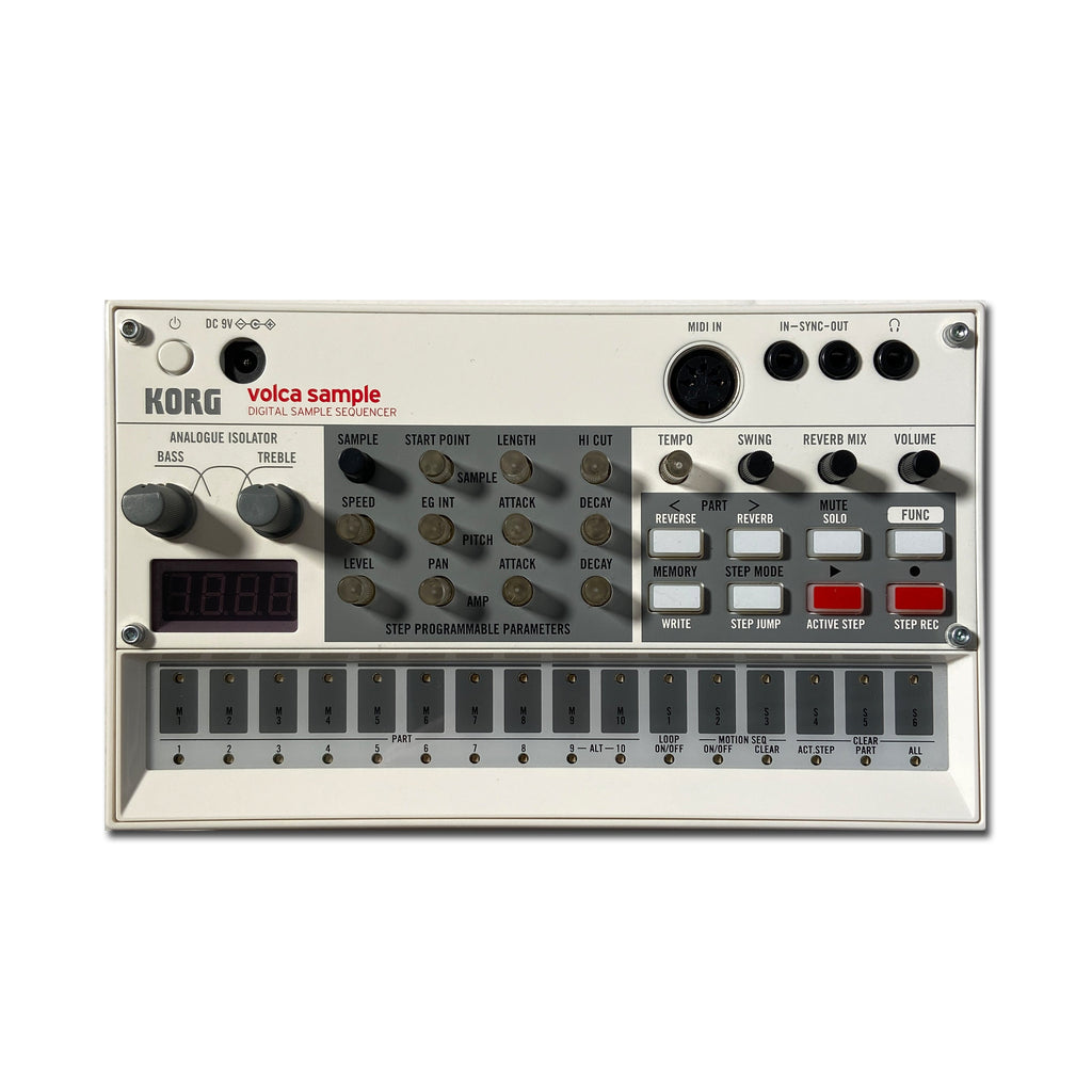 Top view of a white Korg volca sample digital sample sequencer with buttons, knobs, a display, and various input/output ports.