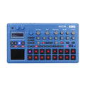 Blue electronic music production station with screen, knobs, buttons, and illuminated pads.