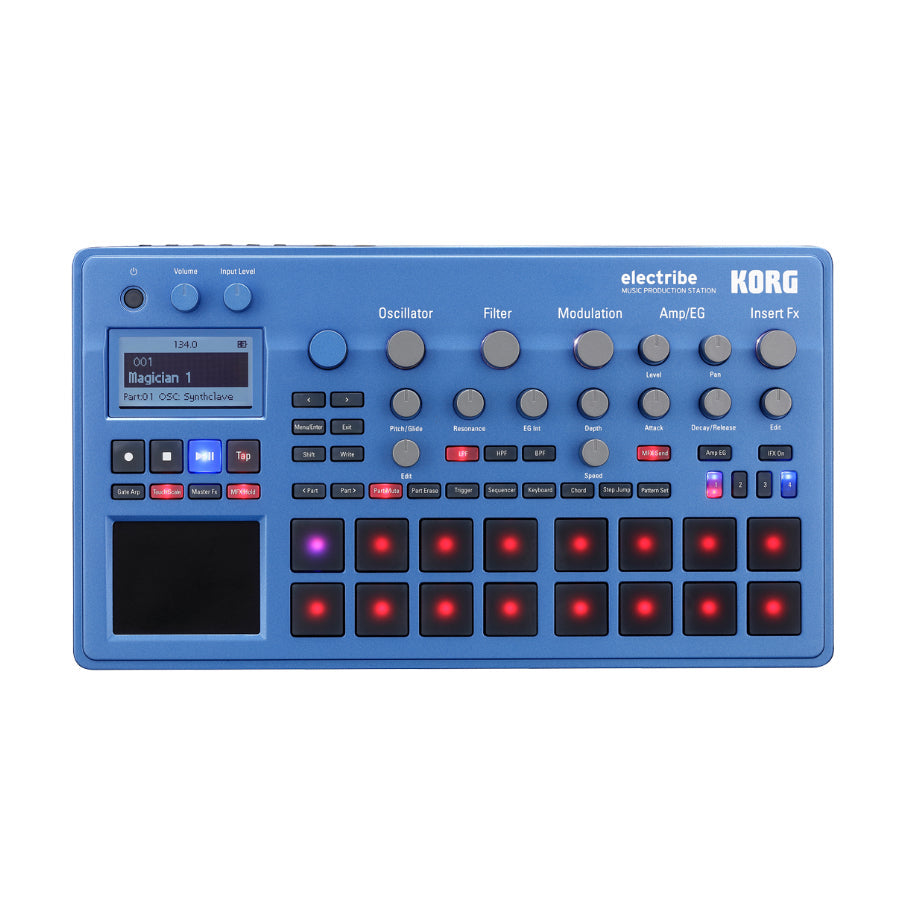 Blue electronic music production station with screen, knobs, buttons, and illuminated pads.