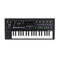 Black keyboard synthesizer with multiple knobs, buttons, and a color display screen on top.