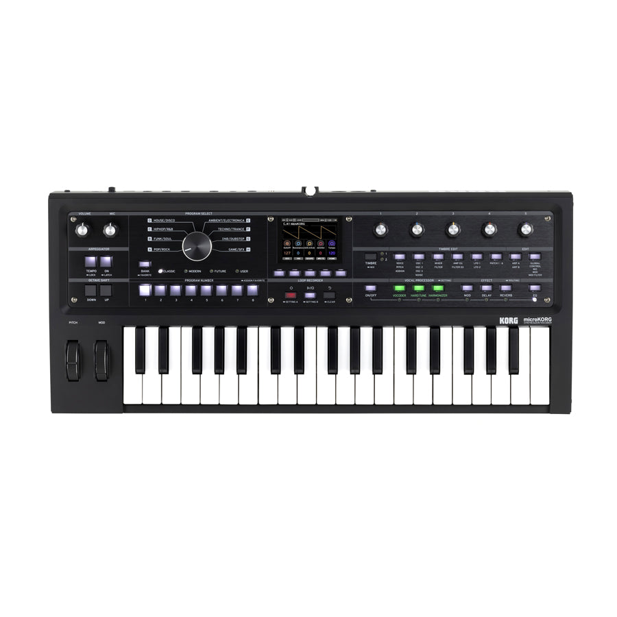 Black keyboard synthesizer with multiple knobs, buttons, and a color display screen on top.