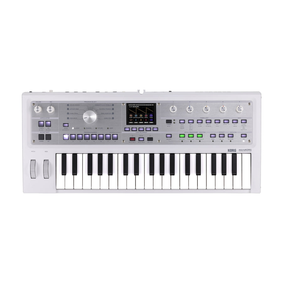 White keyboard synthesizer with black and white keys, multiple knobs, buttons, and a screen on top center.