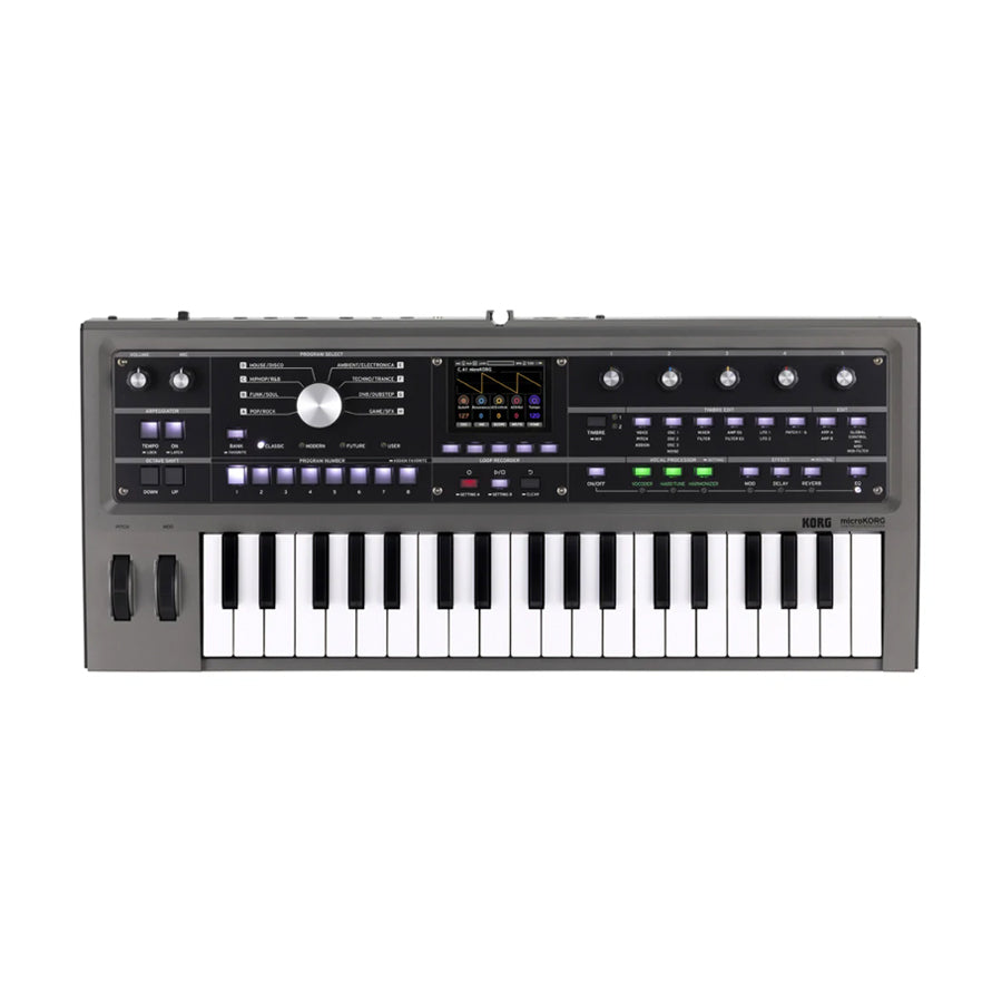 A compact synthesizer keyboard with multiple knobs, buttons, a color screen, and pitch and modulation wheels.