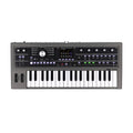 A compact synthesizer keyboard with multiple knobs, buttons, a color screen, and pitch and modulation wheels.