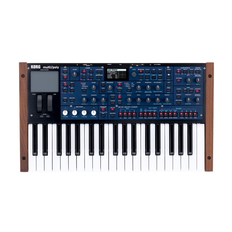 Top view of a Korg Multi/Poly synthesizer keyboard with knobs, buttons, and a small screen.