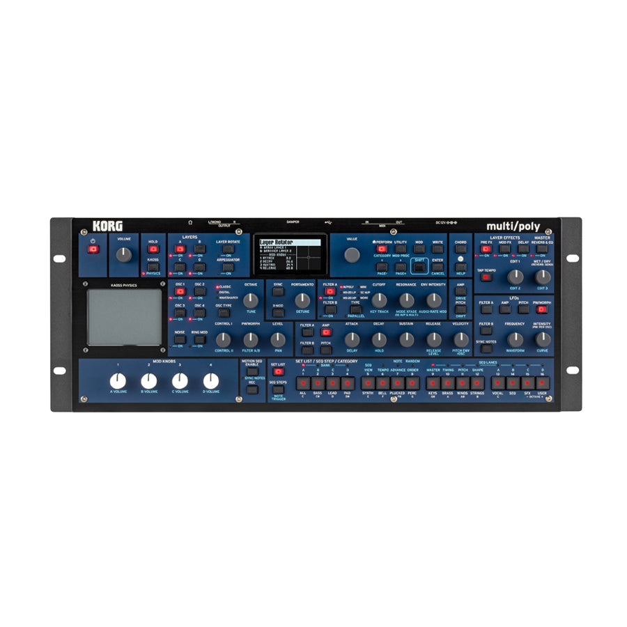 Front panel of a Korg multi/poly synthesizer module featuring knobs, buttons, switches, and a display screen.