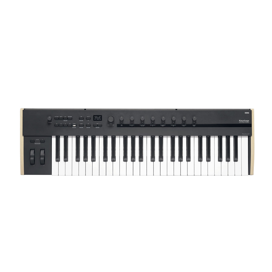 Black keyboard controller with 49 keys, multiple knobs, buttons, and pitch/modulation wheels on left side.