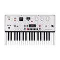 White keyboard synthesizer with black and white keys, multiple control knobs, buttons, and digital displays on top panel.