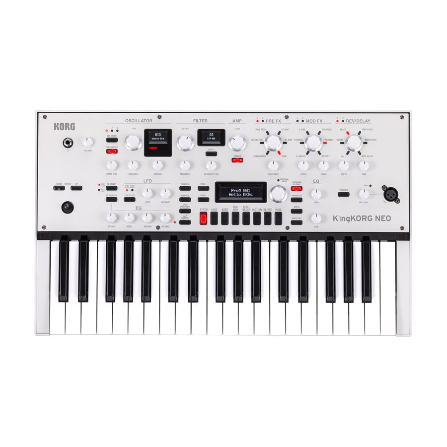 White keyboard synthesizer with black and white keys, multiple control knobs, buttons, and digital displays on top panel.
