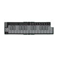 Folded slim keyboard controller with buttons, sliders, and labeled keys in black and gray finishing