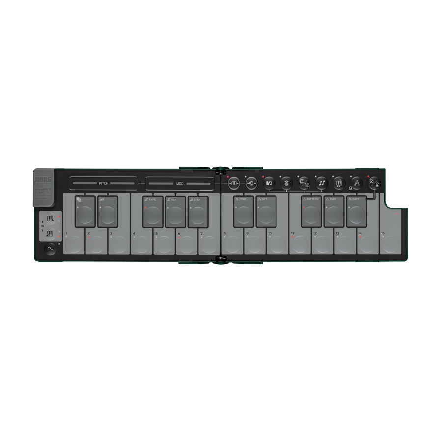 Folded slim keyboard controller with buttons, sliders, and labeled keys in black and gray finishing