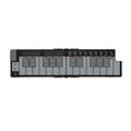 Black foldable MIDI keyboard controller with labeled keys and multiple control buttons and knobs.