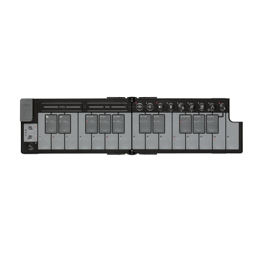 Black foldable MIDI keyboard controller with labeled keys and multiple control buttons and knobs.