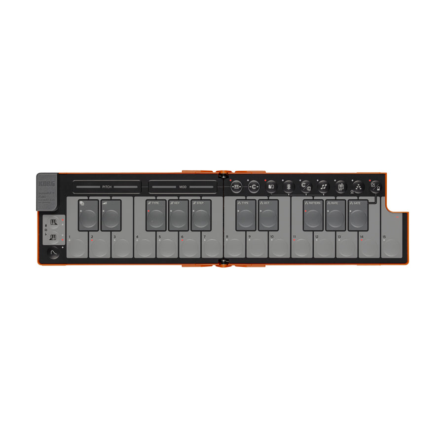 Orange foldable electronic keyboard controller with buttons and sliders for pitch, modulation, and other controls.