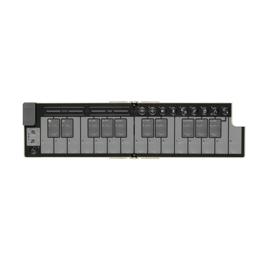 Foldable electronic keyboard with various control buttons and sliders labeled for pitch and modulation