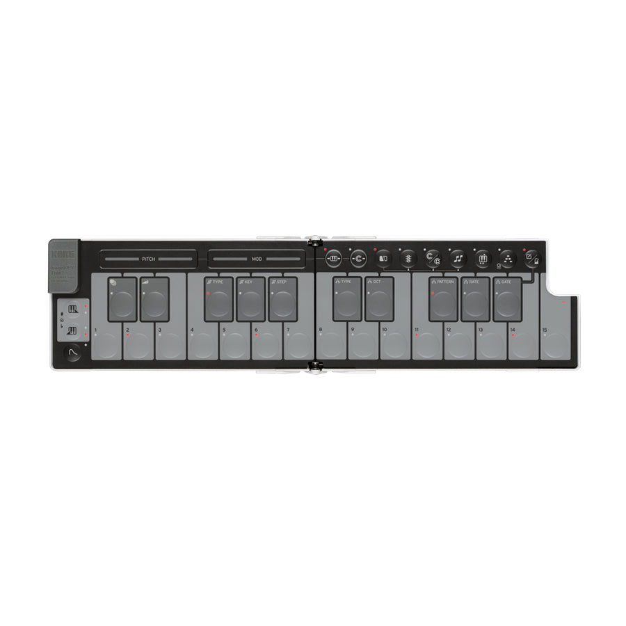 Folded white and gray electronic keyboard controller with multiple sliders, buttons, and keys.