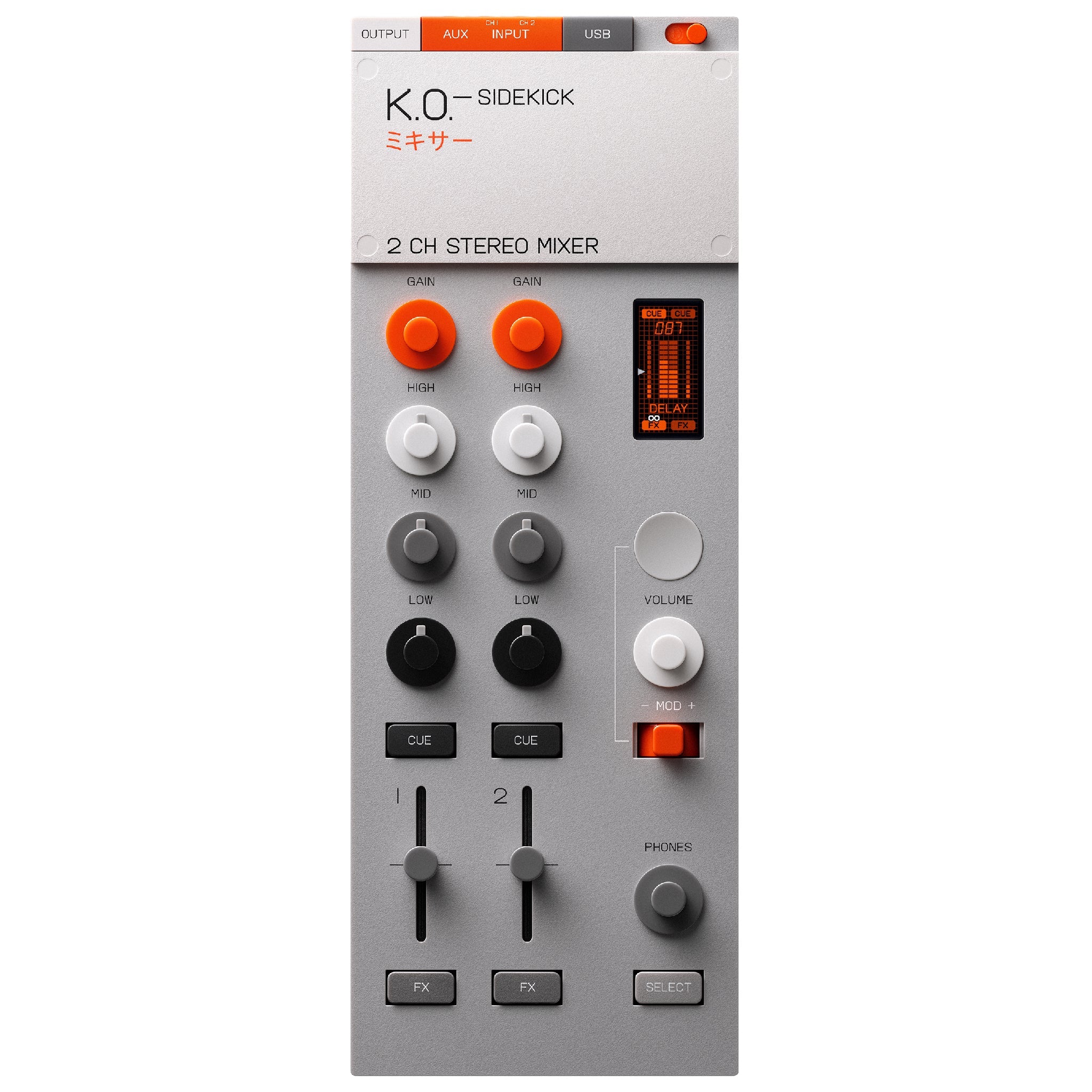 Top view of a silver Teenage Engineering K.O. Sidekick 2 channel stereo mixer with knobs, faders, buttons, and a small screen.