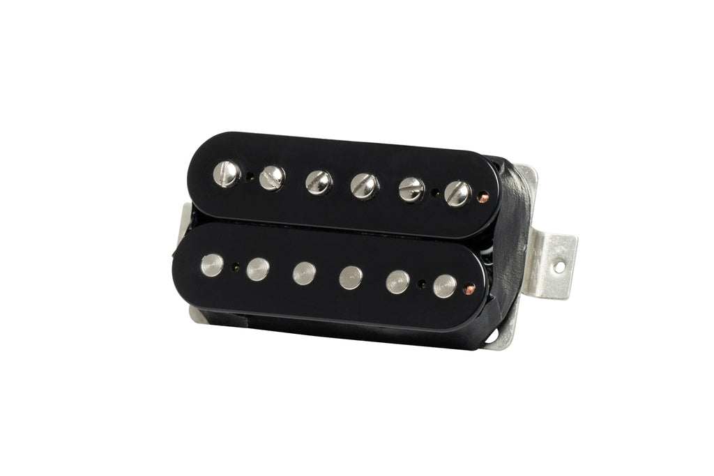 Black humbucker guitar pickup with six adjustable pole screws on one coil and six non-adjustable pole pieces on the other.