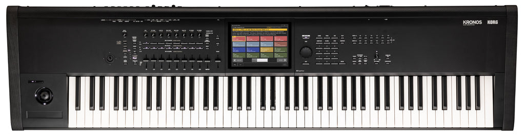 Black digital keyboard synthesizer with 88 keys, multiple controls, and a color touch screen in the center.