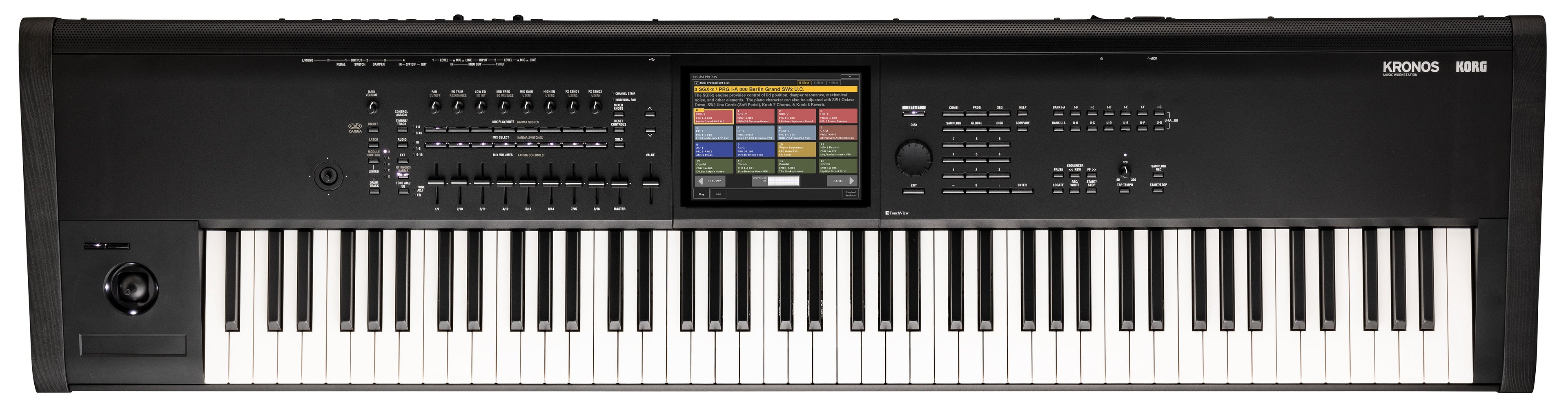Black digital keyboard synthesizer with 88 keys, multiple controls, and a color touch screen in the center.